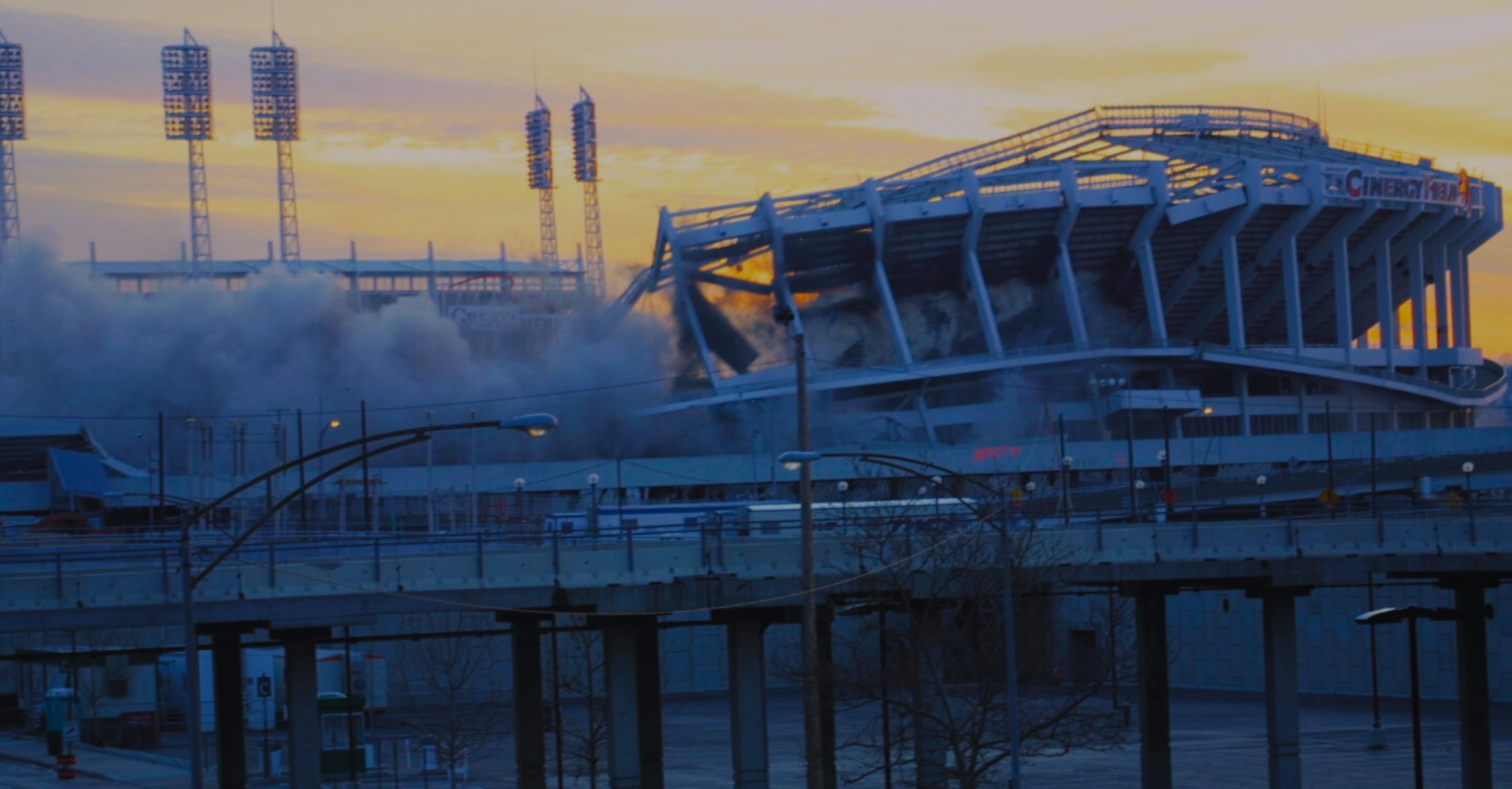 Cinergy Field in Cincinnati coming down at dusk, after the asbestos was removed